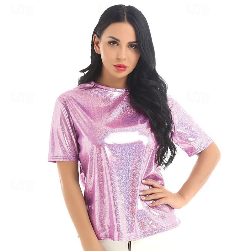Retro Vintage 1980s Rave T-shirt Disco Shiny Latex Patent Metallic Fancy Dress Women's Pride Halloween Carnival Music Festival Pride Parade Pride Month Adults T-shirt Summer2