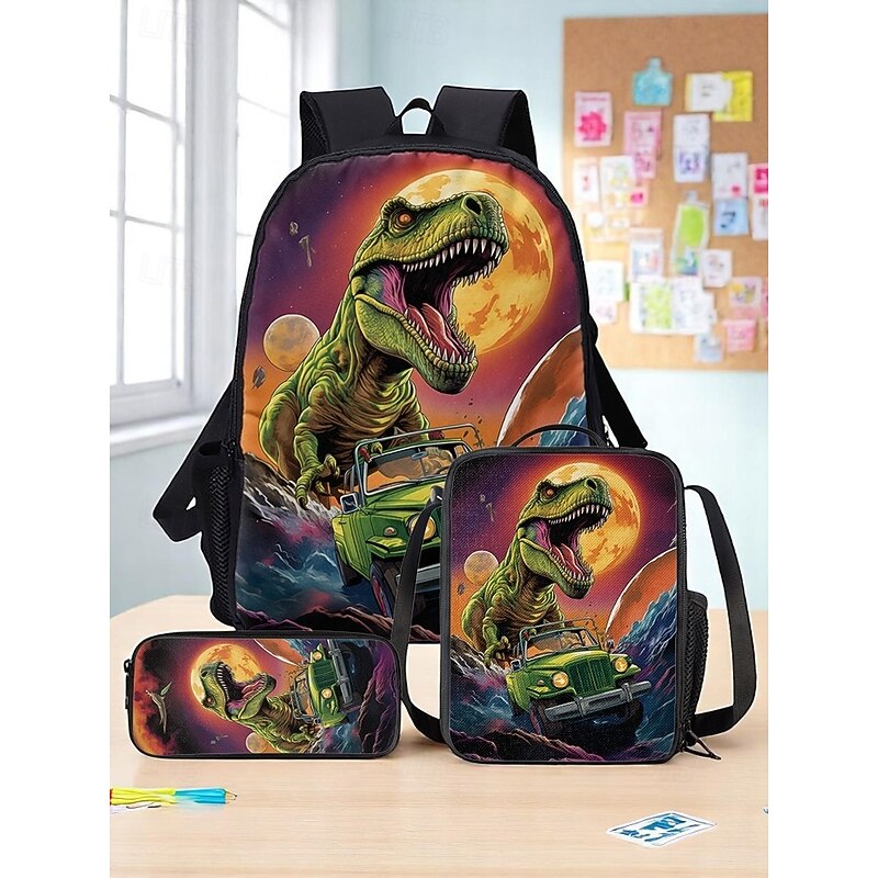 Kids' 3-Piece Dinosaur Backpack Set with Lunch Bag and Pencil Case, T-Rex Print, Lightweight School Bag for Boys, Girls and Elementary Students3