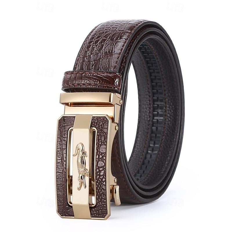 Men's Crocodile Pattern Leather Belt with Automatic Buckle – Adjustable High-Quality Brown & Black Belts with Elegant Metal Buckle for Formal & Casual Wear, Perfect Father's Day Gift