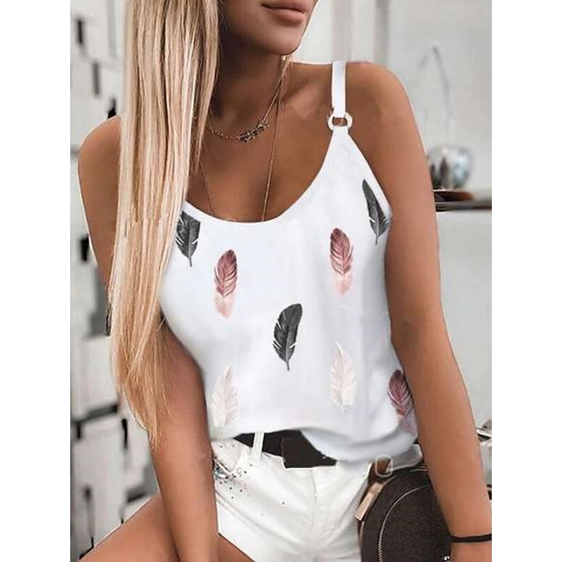 Women's Camisole Tank Top Feather Daily Casual Sleeveless Strap Regular Tops Daily Backless Print White Pink Red Blue Purple Summer
