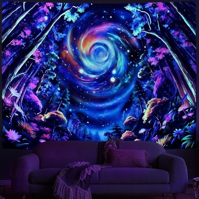 Blacklight Tapestry Glow in the Dark Glow Party UV Reactive Sky Universe Trippy Misty Forest Nature Landscape Hanging Tapestry Wall Art Mural for Living Room Bedroom