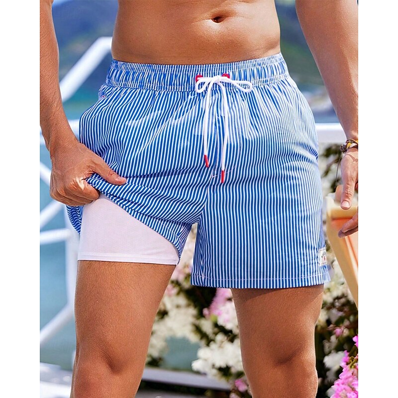 Men's Swim Shorts Board Shorts Swim Trunks Coconut Tree Stripes Quick dry Breathable Drawstring Elastic Waist With Compression Liner Vacation Beach Hawaiian Casual Blue Green - Main Image