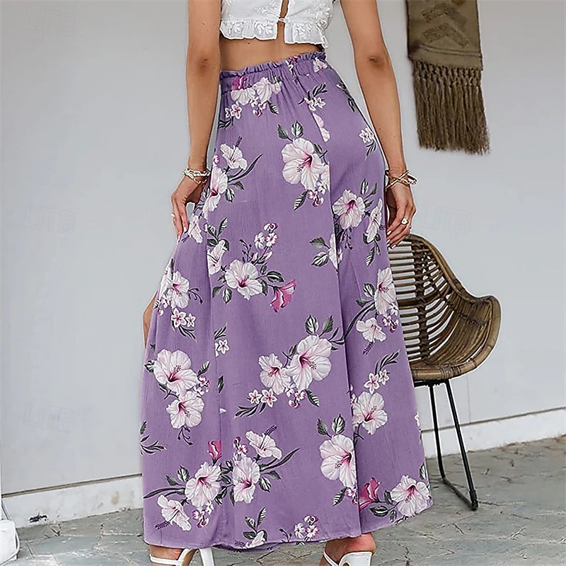 Women's Linen-Inspired Pants Wide Leg Palazzo Pants Fashion Boho Full Length High Waist Flower Elastic Waist Split Comfy Comfortable Street Daily Wear Going out Yellow Pink Purple Brown Summer4