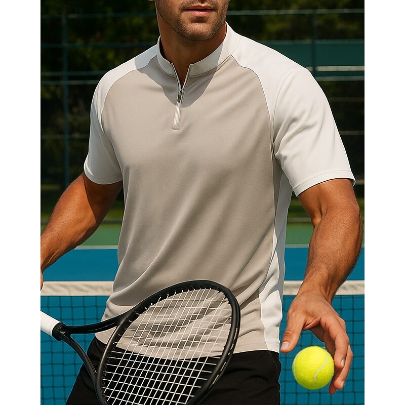 Men's Patchwork Tennis Top Short Sleeves Patchwork Quick Dry Breathable Tennis Golf Pickleball Zip Collar White Green Khaki Tennis Clothing