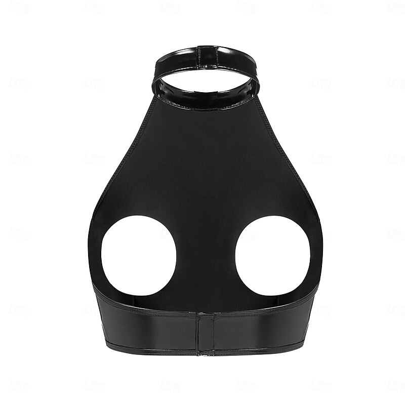 Cut-Out Faux Latex Halter Top Glossy Finish Women's Shinny Leather Fetish Wet Look Costume for Nightclub Pride Parade Pride Month Halloween Carnival Adults'3