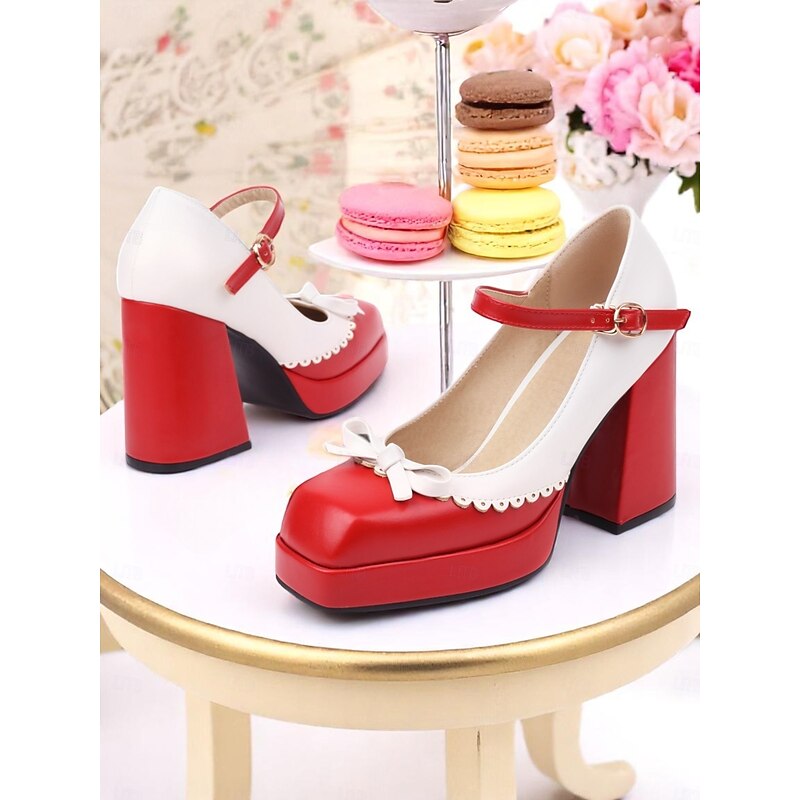 Women's Light Blue and White Mary Jane Chunky Heels with Bow Detail, 1950s Lolita Vintage Style Platform Shoes for Teens and Young Adults, Ideal for Daily Outfits and Casual Dates