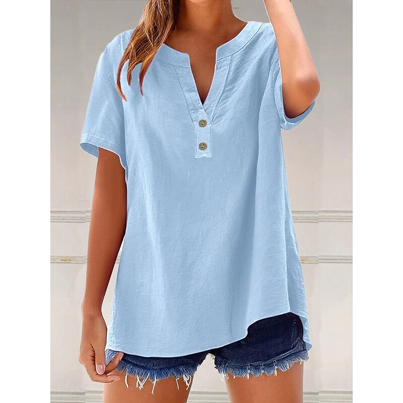 Women's Blouse Solid Color Plain Vintage Stylish Casual Short Sleeve V Neck Notched Neck Regular Tops Daily Holiday Buttons Light Green Blue Brown Gray Light Blue Summer Spring3