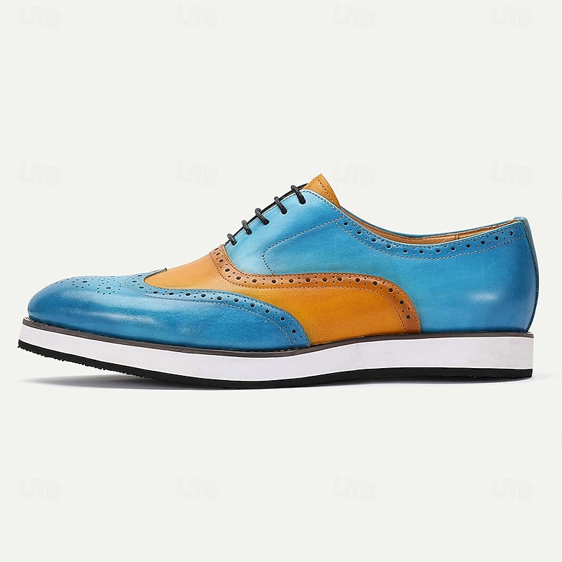 Men's Premium Blue and Tan Leather Brogue Shoes with Wingtip Design for Formal Events and Weddings3