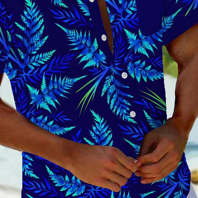 Men's Palm Leaf Tropical Plants Neon Summer Hawaiian Shirt Button Up Shirt Aloha Shirt Short Sleeve Hawaiian Holiday Beach Wear Summer Spring Turndown 3D Print Collared Shirts Front One Pocket Dark2