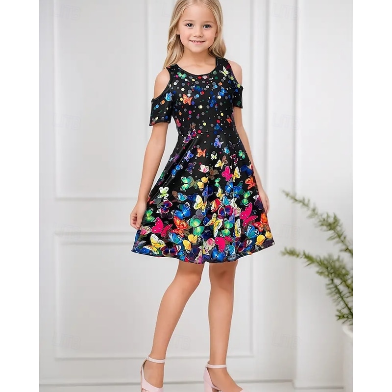 Girls' 3D Butterfly Dress Short Sleeve Summer Spring Vacation Daily Holiday Beautiful Sweet Kids 4-12 Years Casual Dress Knee-length Regular Fit4