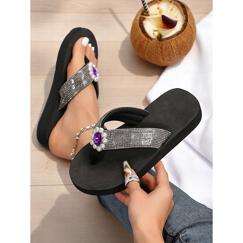 Women's Rhinestone Pearl Embellished Flip Flops – Black Wedge Beach Sandals with Purple Gem, Glamorous Summer Footwear for Vacation & Poolside Wear4