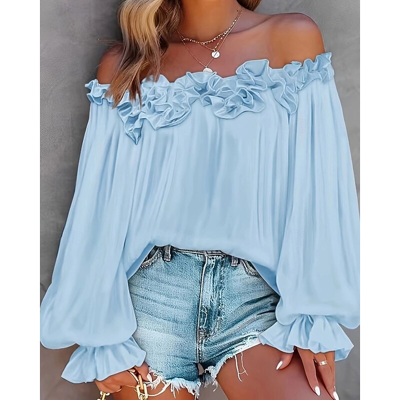 Women's Shirt Blouse Plain Modern Casual Long Sleeve Off Shoulder Regular Tops Daily Holiday Going out Ruffle Backless Black White Pink Blue Summer4