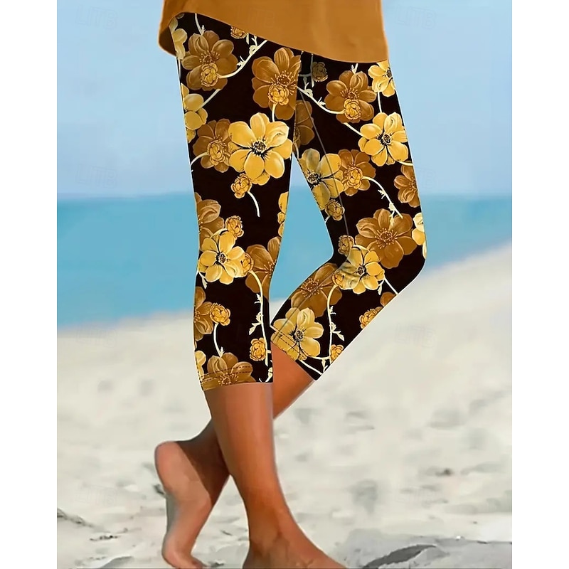 Women's Capri Pants Leggings Cozy Leggings Streetwear Casual Calf-Length Natural Floral Print Comfy Outdoor Comfortable Outdoor Vacation Casual Daily Yellow Blue Summer Regular Fit3