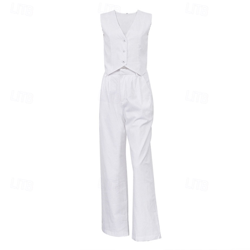 Women's Active Fashion Blouse Pants Sets Sleeveless V Neck Solid Color Dubbele Rij Knopen Daily Casual Daily Black White Pink Summer Regular Fit4