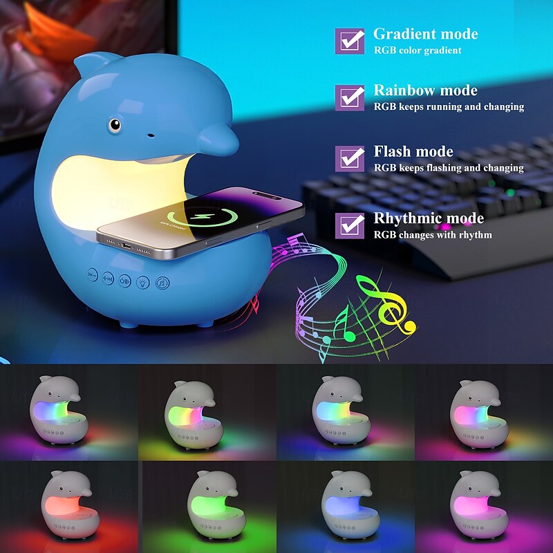 1 Pc Mobile Wireless Charging Night Light Music Player RGB Colorful Lights Follow Music Rhythm Cute Dolphin Shaped Type-C Plug in Bedroom Bedlight Dimming Timer Function