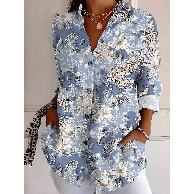 Women's Shirt Button Down Tunic Shirt Collar Long Sleeve Floral Graphic Geometric Casual Regular Tops Work Daily Holiday s Print Denim Blue Black Orange Light Blue Spring3