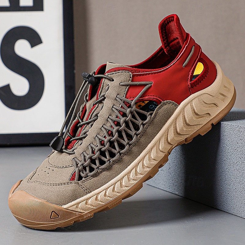 Men's Sneakers Red and Beige Sports Shoes with Durable Lacing System and Comfortable Fit for Running Hiking and Adventure