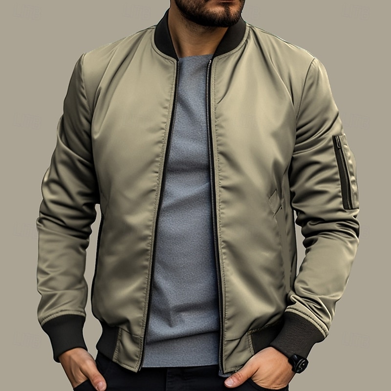 Men's Bomber Jacket Transition Jacket Daily Wear Windbreaker Zipper Pocket All Seasons Plain Streetwear Stand Collar Regular Black Yellow Red Army Green Dark Blue Jacket3
