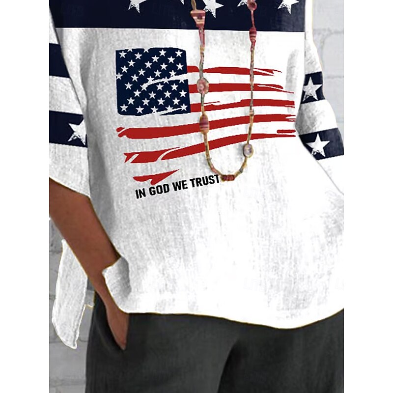 Women's Patriotic  Summer Tops Graphic Flag Vintage Casual 3/4 Length Sleeve Crew Neck Regular Tops Daily Print White Summer Spring3