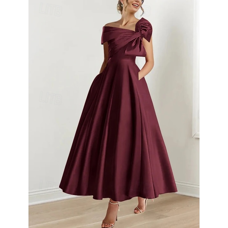 A-Line Cocktail Dresses Elegant Dress Formal Wedding Guest Ankle Length Short Sleeve One ShoulderDress Satin with Bow(s)4
