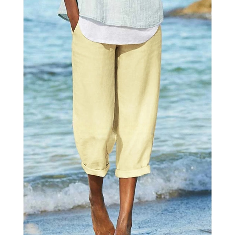Women's Cotton Linen Pants Slacks Streetwear Casual Ankle-Length Natural Plain Pocket Elastic Waist Comfy Outdoor Street Going out White Yellow Pink Blue Summer Regular Fit3
