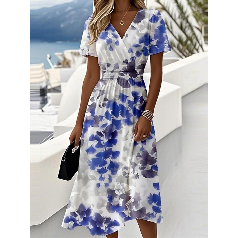 Women's Elegant Midi Dress A Line Dress Wrap Dress V Neck Short Sleeve Going out Floral Graphic Sleeveless Yellow Blue2