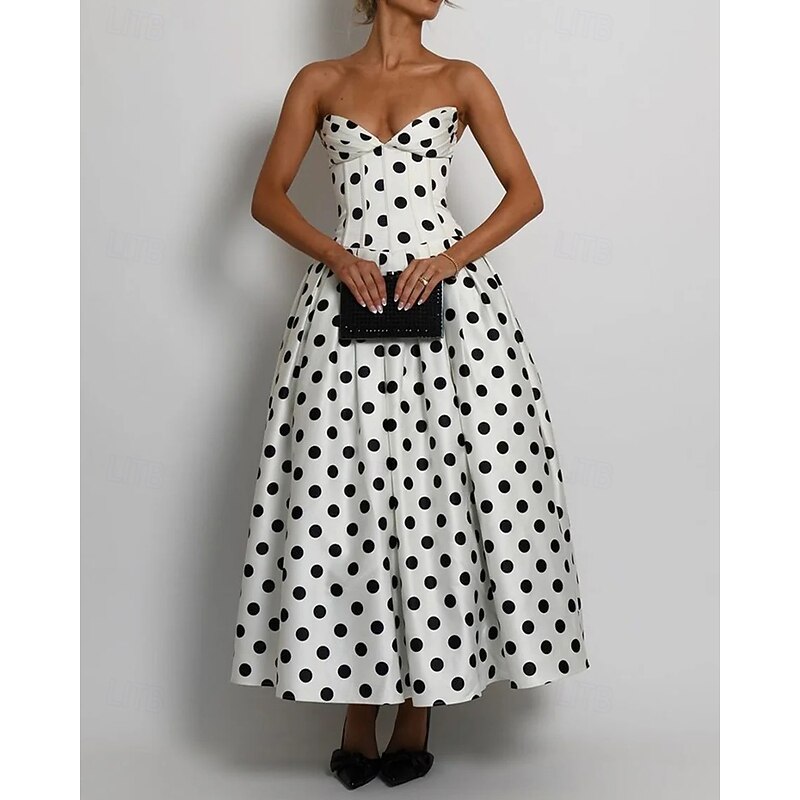 Drop Waist Corset Dress A-Line Cocktail Dresses Polka Dots Dress Formal Wedding Semi Formal Dress Tea Length Midi Length Sleeveless Sweetheart Satin with Pleats Wedding Guest Dress