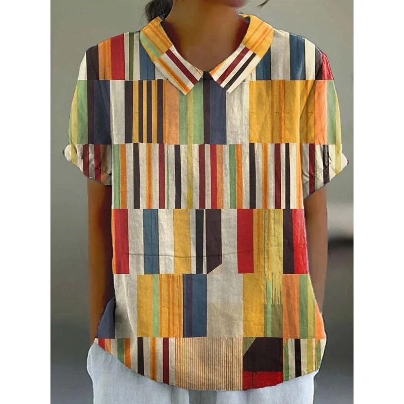 Women's Blouse Graphic Geometric Striped Elegant Daily Stylish Short Sleeve Shirt Collar Regular Tops Work Daily Holiday Lace Yellow Blue Orange Summer Spring
