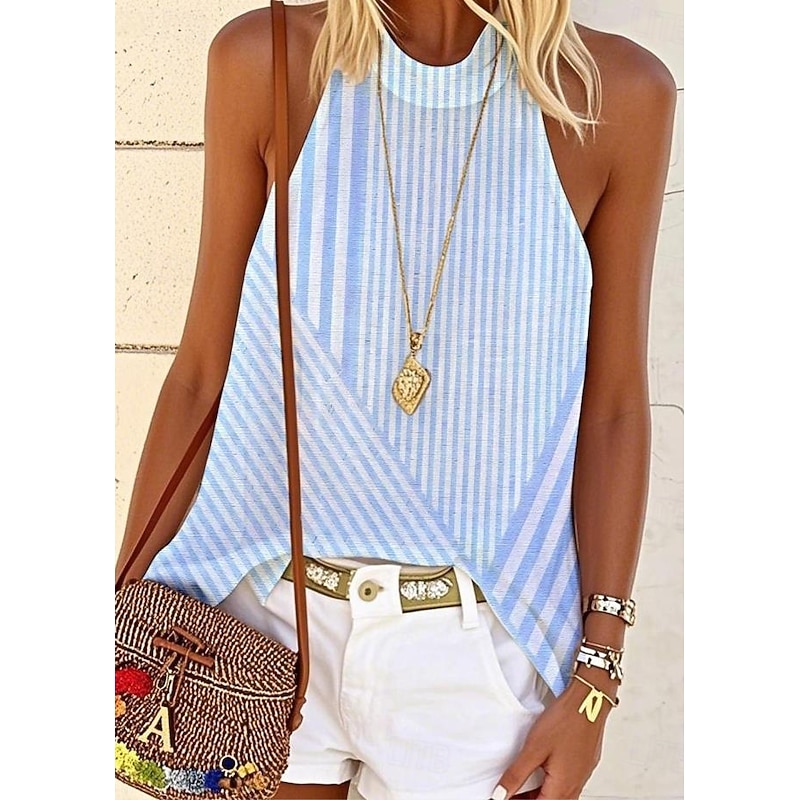 Women's Blouse Graphic Striped Stylish Casual Sleeveless Crew Neck High Neck Regular Tops Daily Print Pink Blue Purple Green Summer Spring