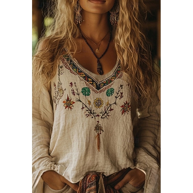 Women's Western Blouse Boho Shirt Blouse Flower Modern Casual Long Sleeve V Neck Regular Tops Daily Holiday Going out Print Apricot Summer