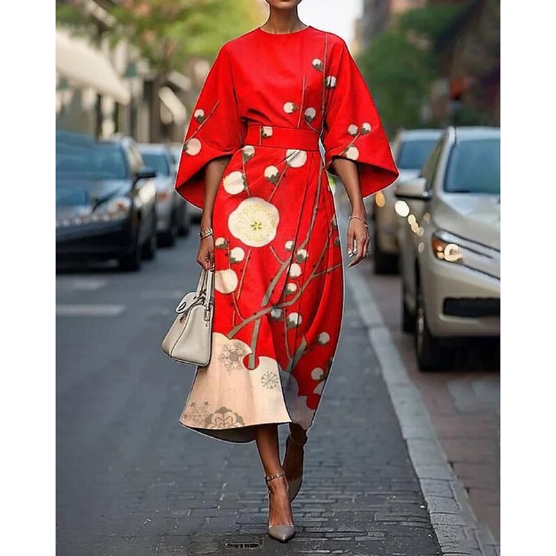 Women's Midi Dress Floral Dress Print Dress Elegant Fashion Outdoor Vacation Holiday Regular Fit Flower Half Sleeve Crew Neck Yellow Wine Red Summer3