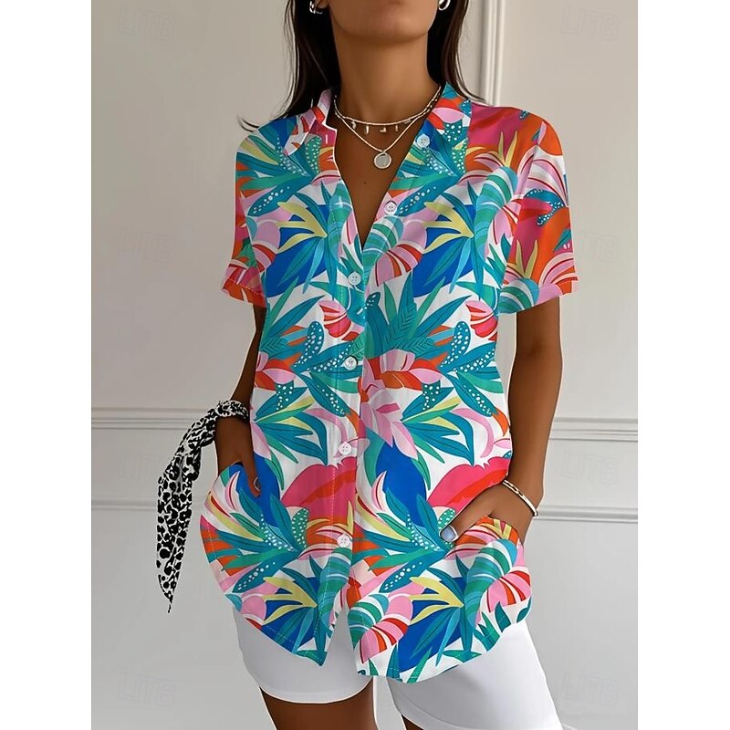 Women's Shirt Long Sleeve Button Down Blouse Floral Graphic Vintage Tropical Daily Sleeveless Short Sleeve Shirt Collar Regular Tops Daily Navy Blue Light Blue Summer Spring2