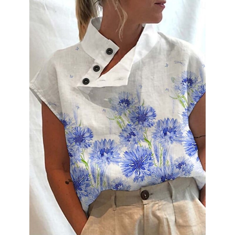 Women's Blouse Floral Stylish Casual Short Sleeve High Neck Regular Tops Daily Buttons Print White Red Blue Summer3
