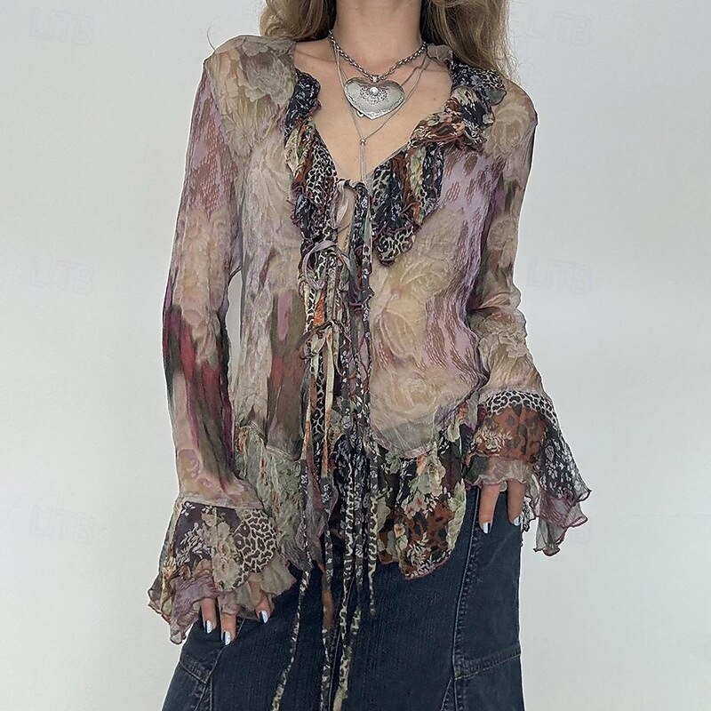 Women's Boho Shirt Blouse Flower Modern Boho Long Sleeve V Neck Regular Tops Daily Holiday Mesh Print Purple Summer3