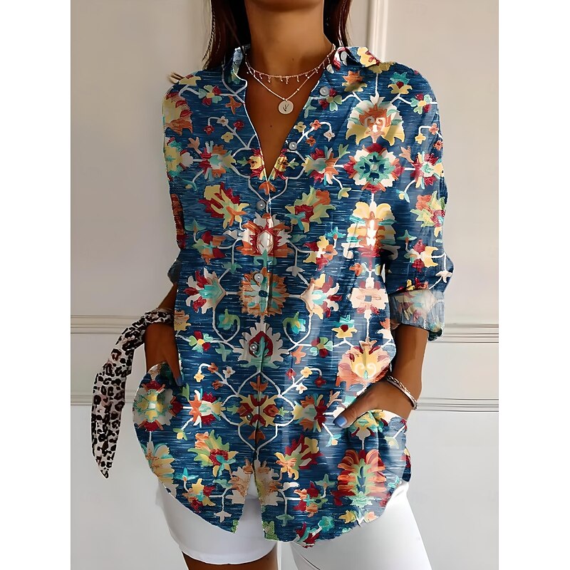Women's Shirt Button Down Tunic Shirt Collar Long Sleeve Floral Graphic Geometric Casual Regular Tops Work Daily Holiday s Print Denim Blue Black Orange Light Blue Spring4