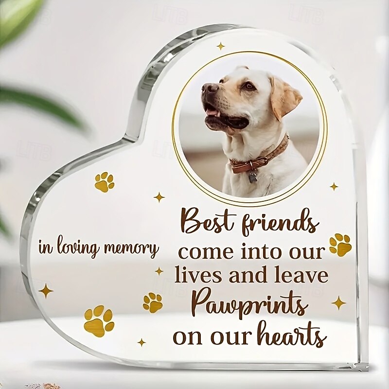 Personalized Acrylic Heart Pet Memorial Plaque, Custom Dog Photo Block and Paw Print Keepsake, Sympathy Gift for Pet Loss, Tabletop Decor for Valentine's Day, Christmas, Thanksgiving, Graduation, Gift for Wife, Dad, Kids