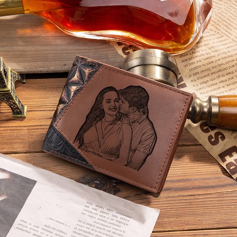 Personalized Photo Engraved Leather Wallet Custom Best Gift for Dad, Custom Text Inside, Valentine's Day, Father's Day, Birthday, Anniversary, Christmas Gift for Him