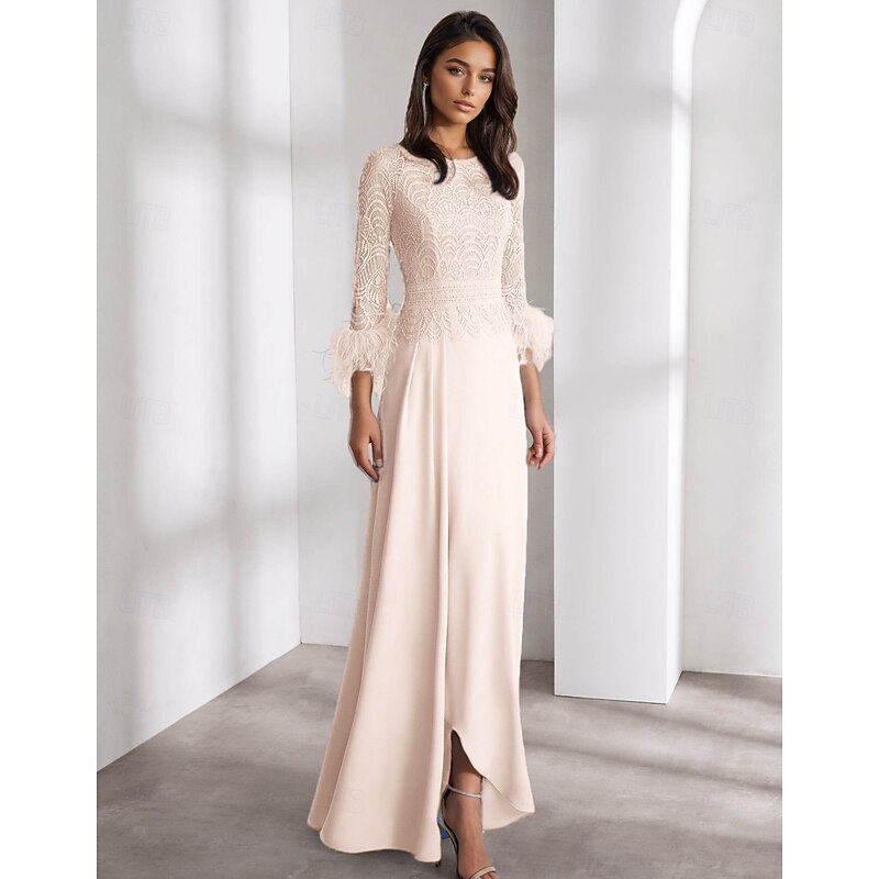 A-Line Evening Gown Elegant Dress Formal Wedding Floor Length Long Sleeve Crew Neck Chiffon with Feather Ruffles4