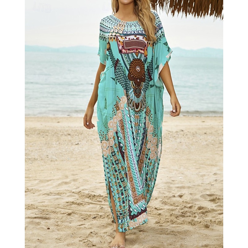 Women's Swimwear Cover Up Swimsuit Tropical Beach Wear Flower Round Neck Short Sleeves Bathing Suits4