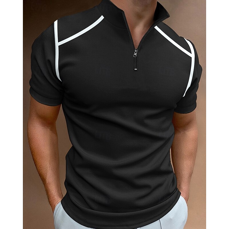 Men's Color Block Polo Zip Polo Golf Shirt Short Sleeve Lapel Fashion Casual Outdoor Sport Daily Splice Summer Wine Light Sky Blue Black2
