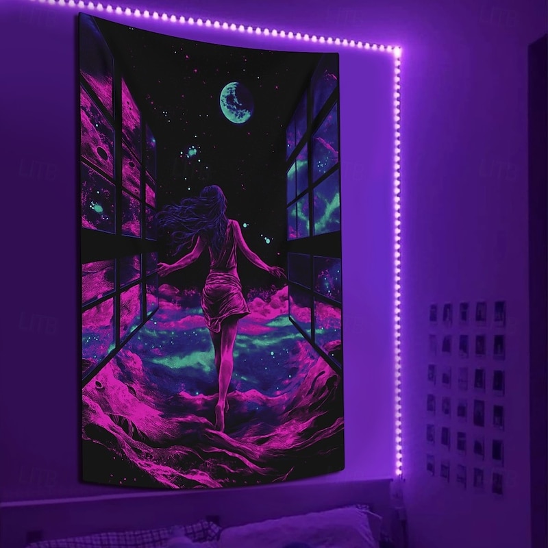 Blacklight Tapestry Glow in the Dark Glow Party UV Reactive Sexy Girl Trippy Misty Hanging Tapestry Wall Art Mural for Living Room Bedroom