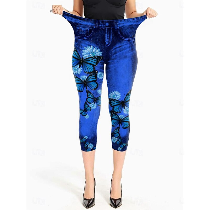 Women's Leggings Capri Pants High Elasticity Vacation Vintage Fashion Calf-Length Mid Waist Floral Graphic Butterfly Printing Breathable Soft Stretchy Vacation Casual Daily Deep Blue Summer Spring3