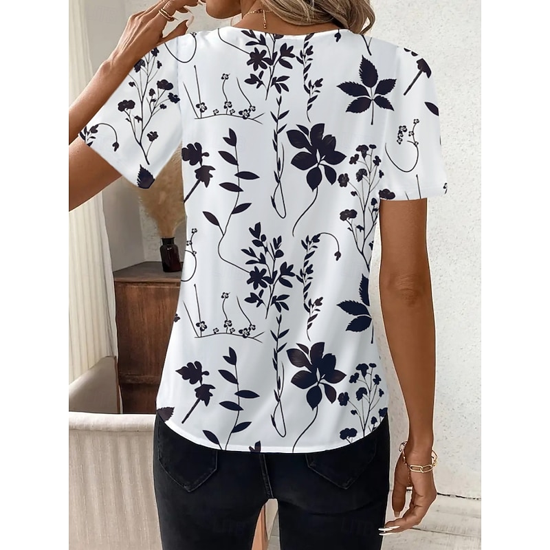Women's T Shirt Floral Graphic Geometric Fashion Modern Casual Short Sleeve V Neck Regular Tops Daily Weekend White / Black Black White Red Summer2