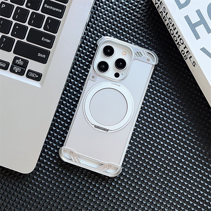 Phone Case For iPhone 16 15 14 Pro Max Back Cover Magnetic Adsorption with Stand Holder Magnetic Support Wireless Charging Retro Geometric Pattern PC Metal