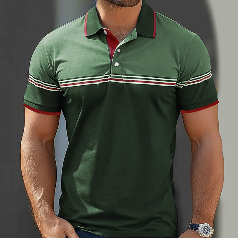Men's Striped Polo Short Sleeve Polo Shirts Collared Shirts Casual School Outdoor Daily Wear 3D Print Summer Blue Brown Green2