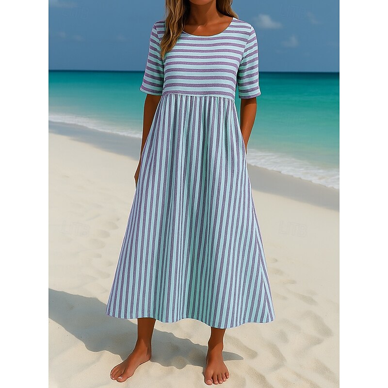 Women's Maxi Dress Sundress Casual Daily Fall Dress Loose Fit Striped Short Sleeve Crew Neck Sky Blue Camel Purple Green Fall4