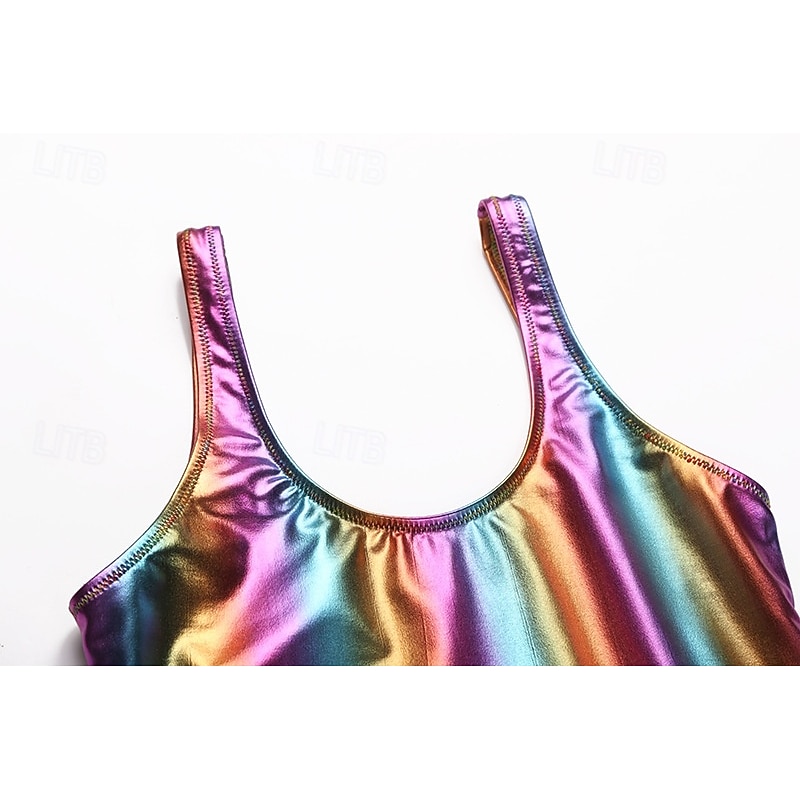 Retro Vintage 1980s Rave Swimsuit One Piece Bodysuits Disco Shiny Latex Patent Metallic Rainbow Fancy Dress Women's Halloween Carnival Music Festival Beach Vacation Wear Pride Parade Adults' Leotard4
