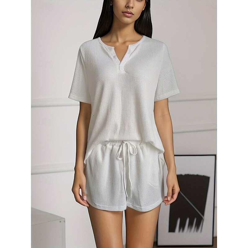 Women's 2 Pieces Fashion Streetwear Daily Shorts Sets Short Sleeve V Neck Solid Color Drawstring Casual Daily Black White Gray Summer Regular Fit3