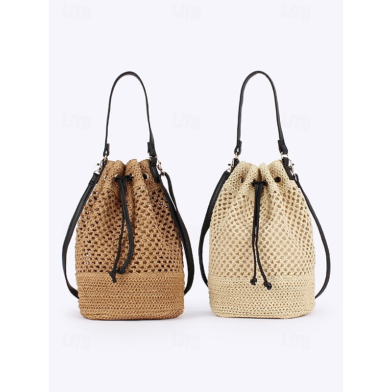 Women's Woven Drawstring Bucket Bag - Stylish Summer Tote with Leather Straps, Perfect for Beach, Travel and Casual Outings4