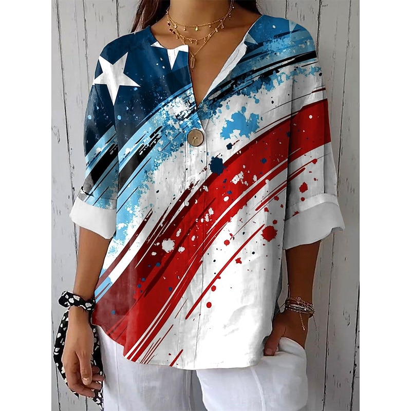 Women's Patriotic  Shirt Graphic Flag Vintage Stylish Casual 3/4 Length Sleeve V Neck Regular Tops Daily White Red Blue Summer Spring